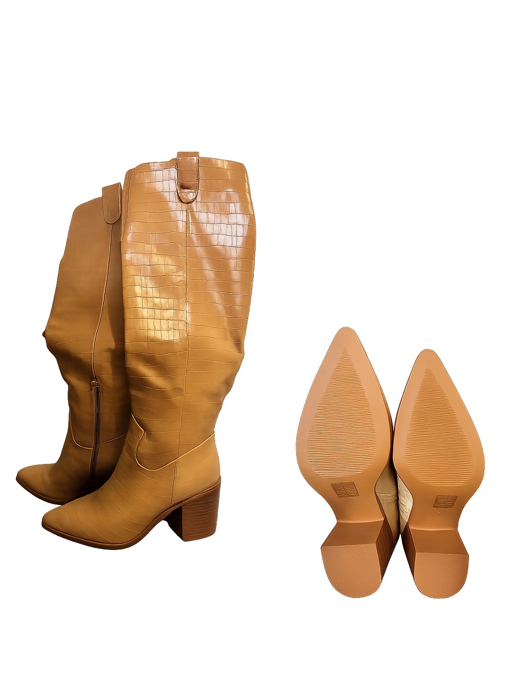 Tan Knee-High Block Heel Boots - Women's Fashion Boots